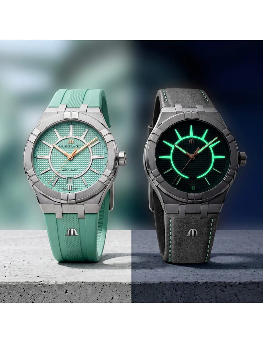 Day and night view of Maurice Lacroix Aikon Liberty wristwatch with stainless steel case, Bartholdi Green dial and rubber strap.