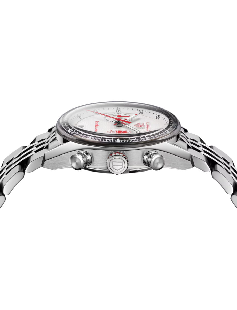 Side view of a stainless steel chronograph wristwatch with crown and pushers