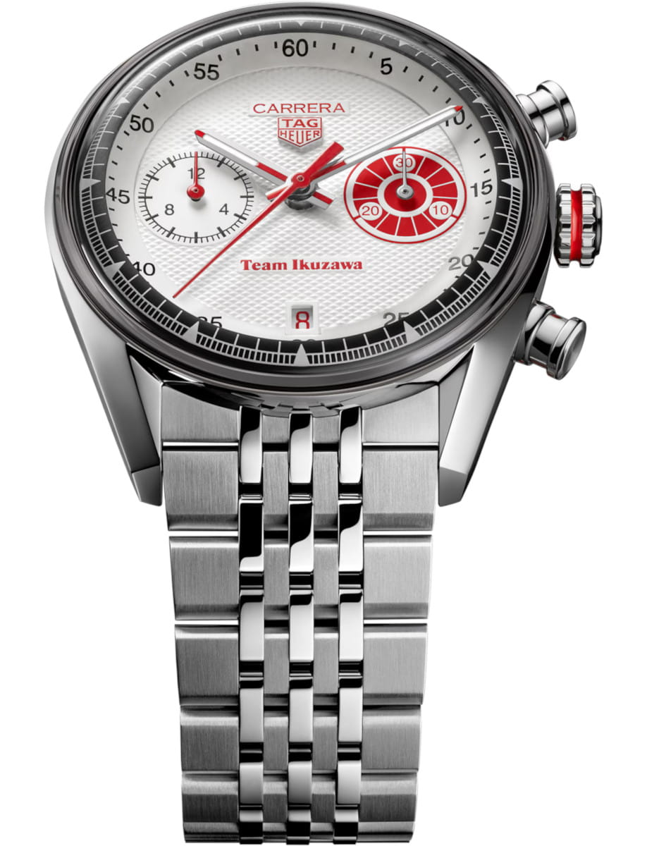 Steel TAG Heuer Carrera chronograph wristwatch with white dial, red accents, and stainless steel bracelet (Team Ikuzawa).