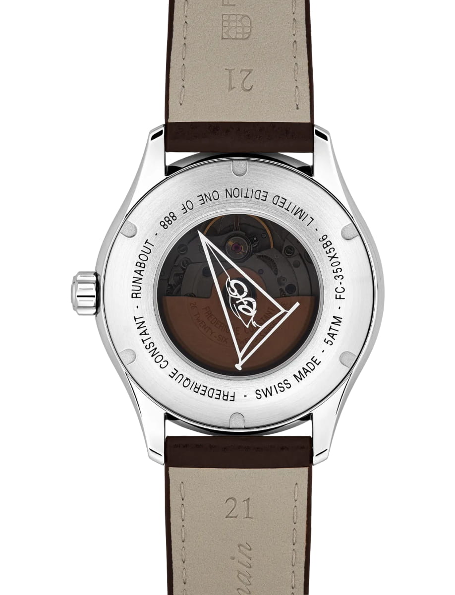 Back view of Frederique Constant wristwatch with stainless steel case, brown dial and brown leather strap