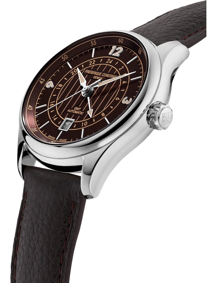 Side view of Frederique Constant wristwatch with stainless steel case, brown dial and brown leather strap
