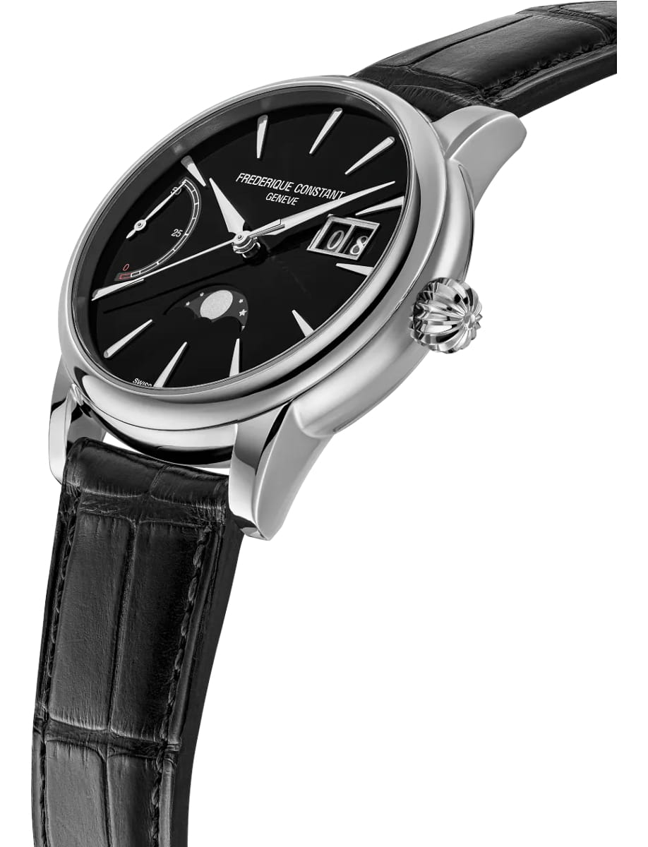 Elegant men's wristwatch with a black dial, silver case, and black leather strap, brand Frederique Constant Genève