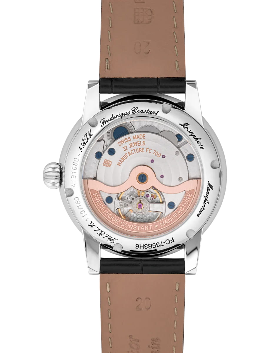 Transparent case back revealing the watch's Swiss-made mechanical movement, with a rose-gold rotor and engraved brand details on a leather strap.