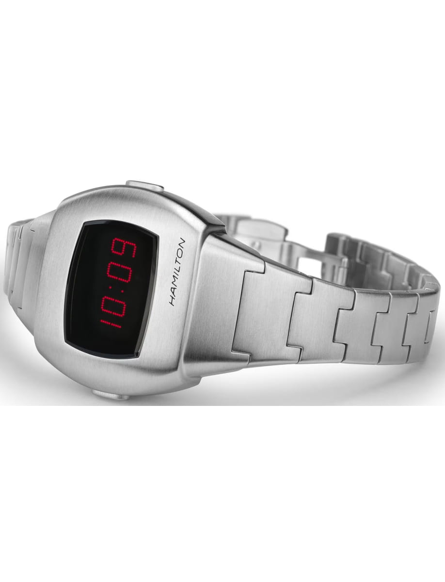 Silver Hamilton digital wristwatch with a brushed stainless steel band and red LED time display on a white background