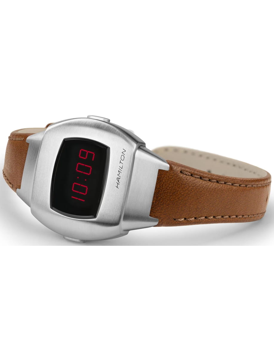 Silver Hamilton digital wristwatch with a brown leather strap, showing red LED time