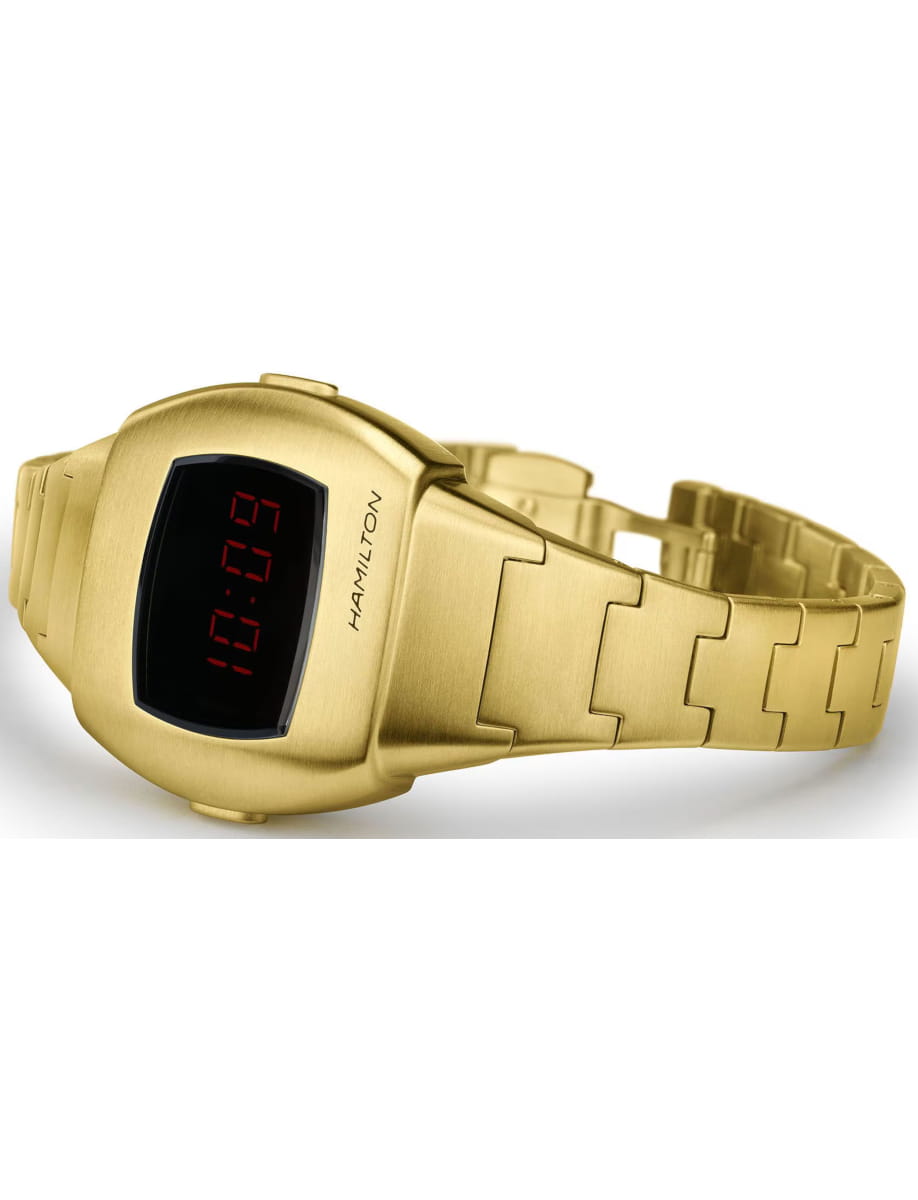 Gold-toned digital wristwatch with red LED display and Hamilton branding in view
