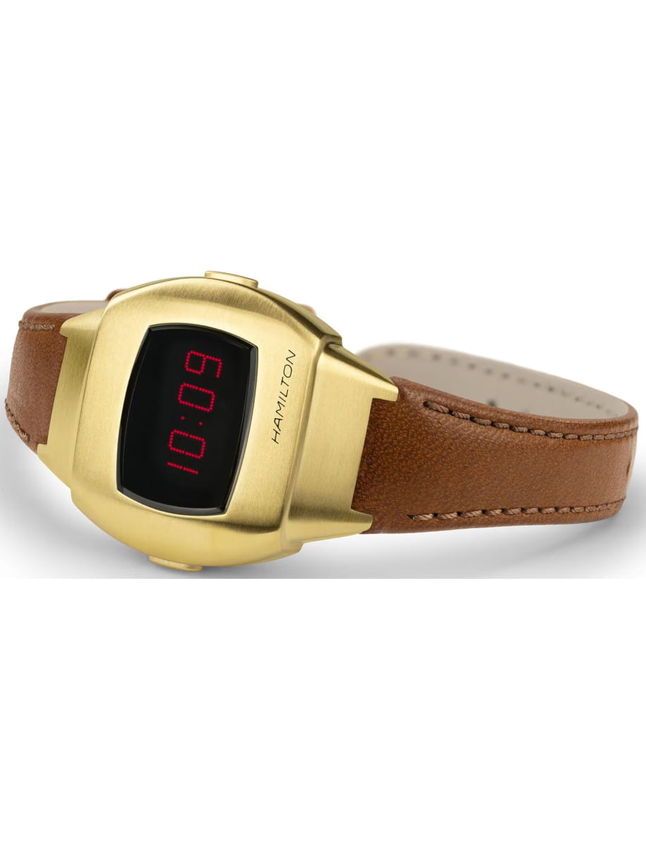 Yellow gold Hamilton digital wristwatch with a brown leather strap, showing red LED time
