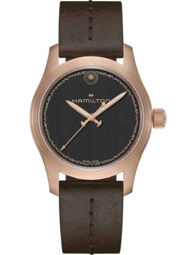 Hamilton wristwatch with bronze case, black dial and calf leather strap