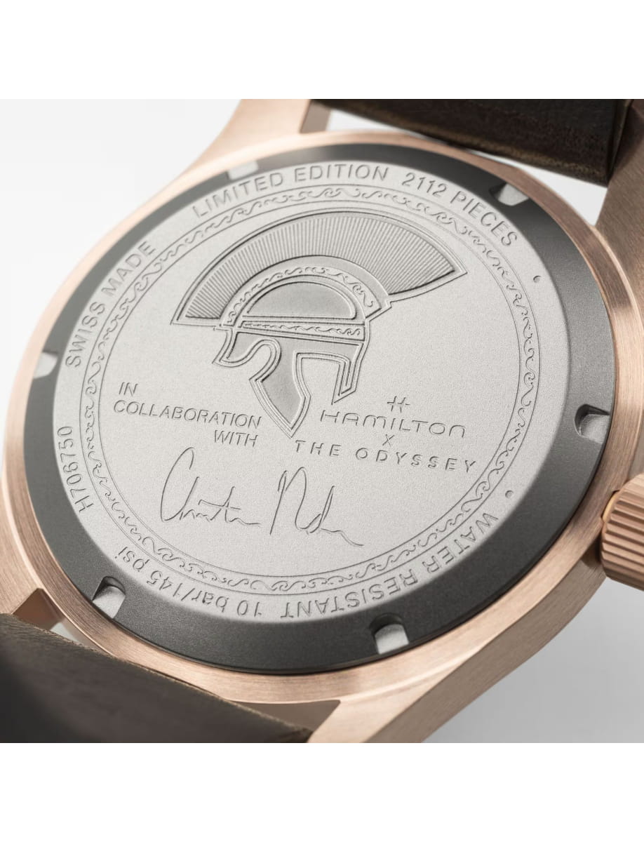 Back view of Hamilton wristwatch with bronze case, black dial and calf leather strap