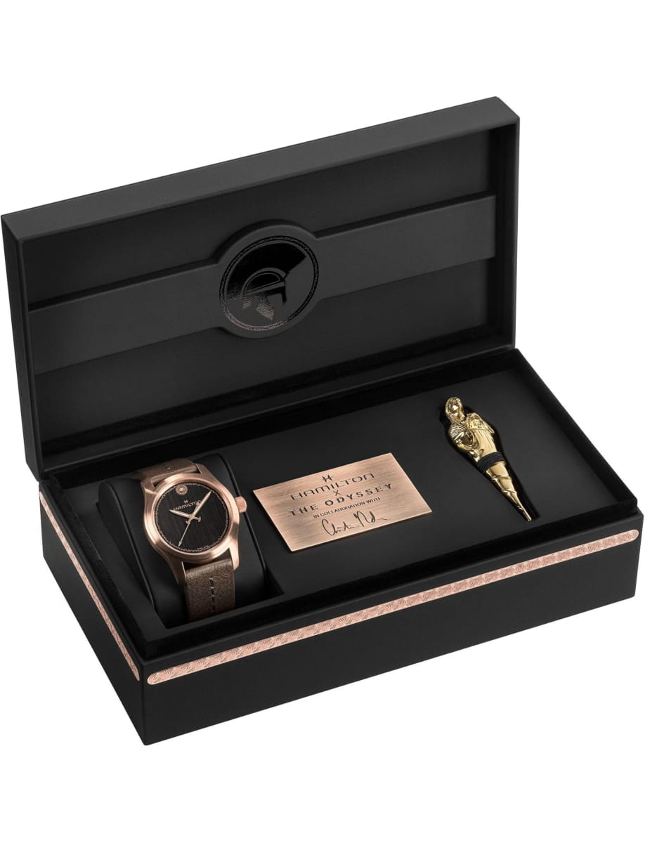 Box of Hamilton wristwatch with bronze case, black dial and calf leather strap