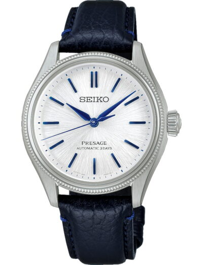 Seiko Presage wristwatch with stainless steel case, white dial, and cow leather strap.