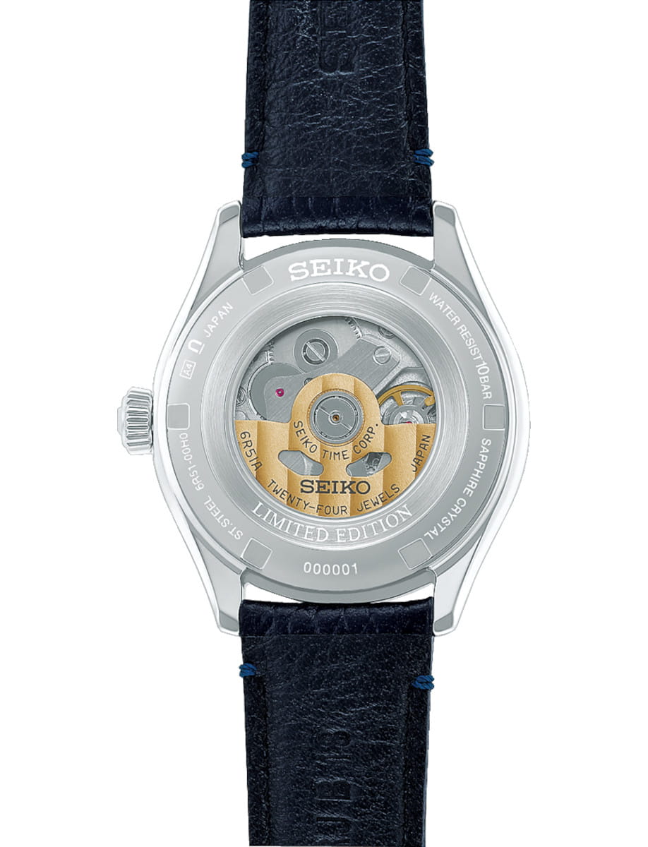 Back view of Seiko Presage wristwatch with stainless steel case, white dial, and cow leather strap.
