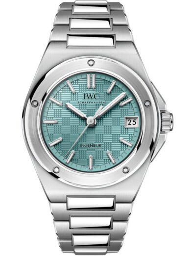 Silver stainless steel IWC Ingenieur wristwatch with a turquoise textured dial and a date window at 3 o'clock. | Feldmar Watch Co. Silver stainless steel IWC Ingenieur wristwatch with a turquoise textured dial and a date window at 3 o'clock.
