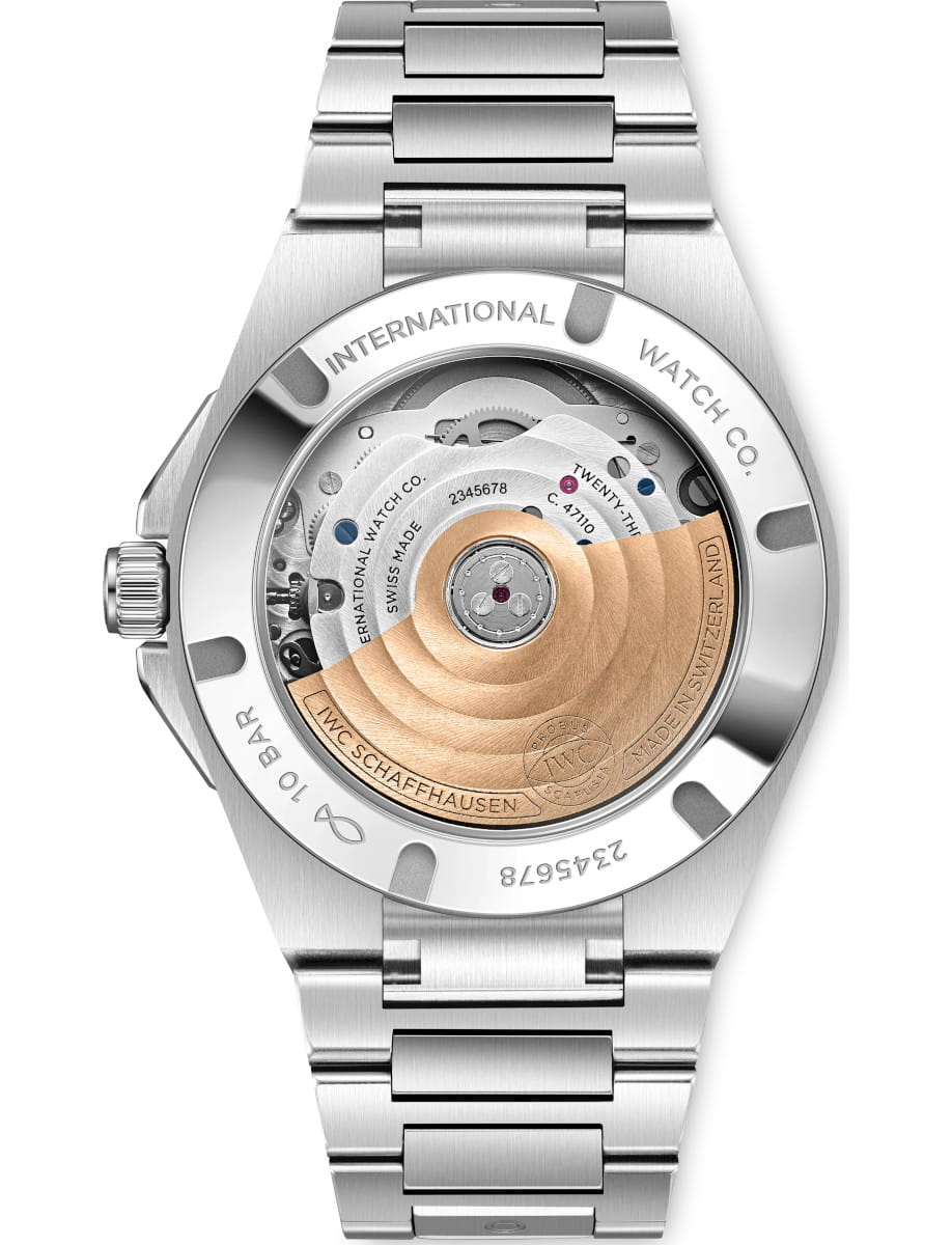 Stainless steel wristwatch back with a transparent case revealing the mechanical movement and copper rotor.