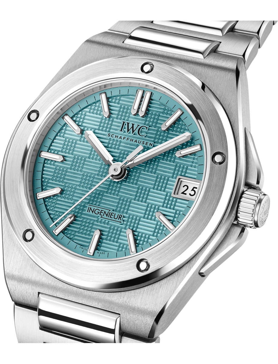 IWC Ingenieur stainless steel wristwatch with turquoise textured dial and date at 3 o'clock.