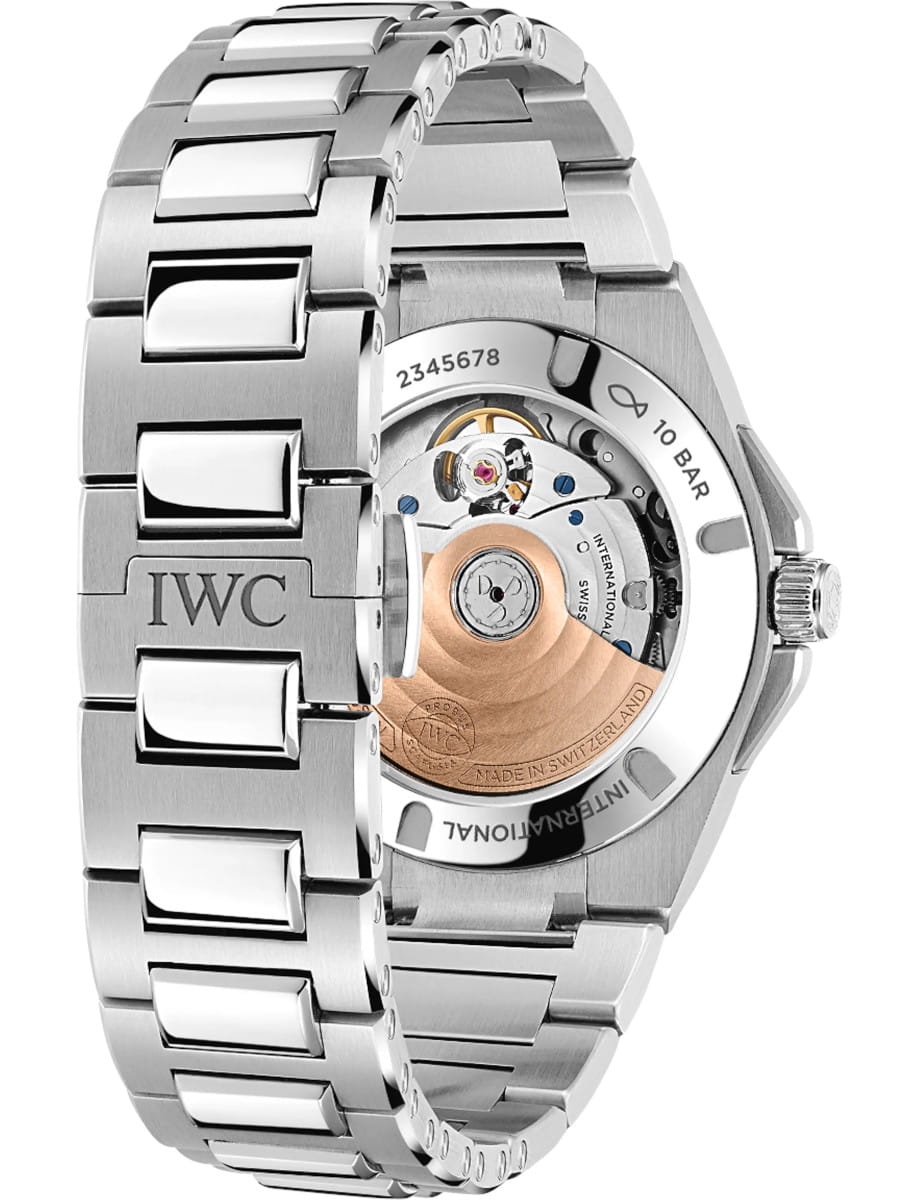 IWC stainless steel wristwatch with exhibition case back showing rotor and inner movement