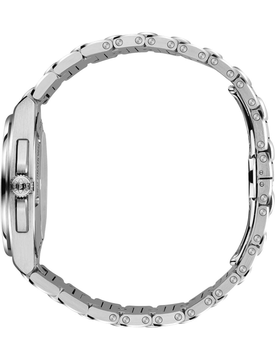 Side view of a silver stainless steel wristwatch with a metal link bracelet. Crown visible on the case edge.