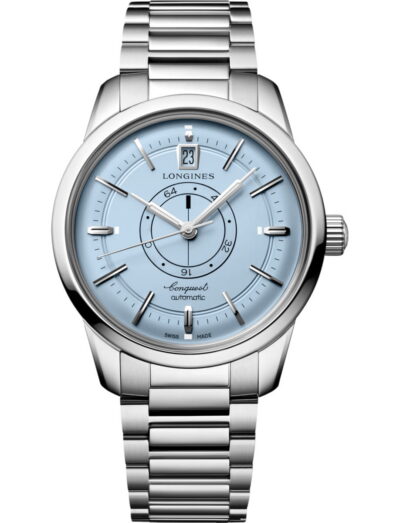 Longines Conquest Heritage Central Power Reserve wristwatch with stainless steel case and bracelet, and light blue opaline dial.