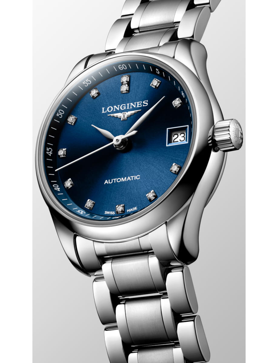 Longines automatic wristwatch with a blue sunburst dial, diamond hour markers, and a date window at 3 o'clock on a silver stainless steel bracelet.