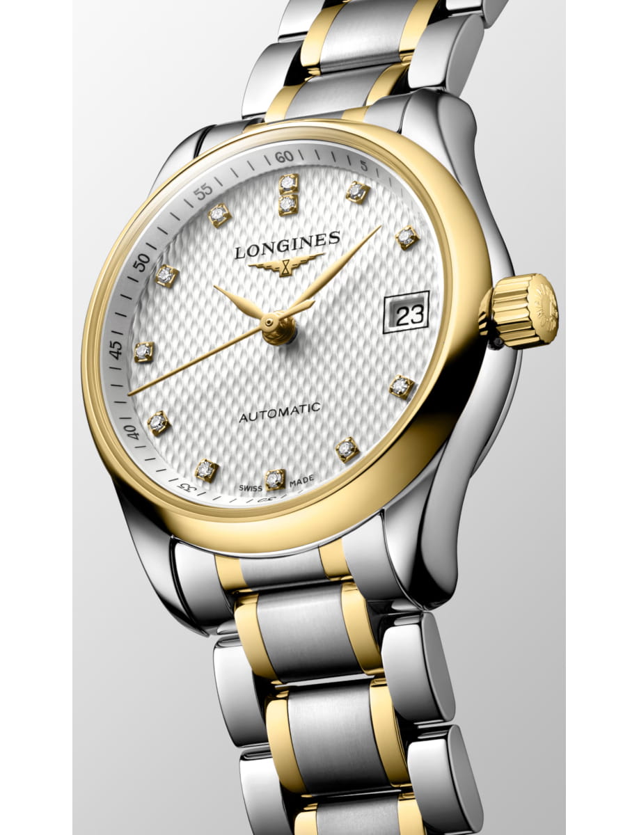 Two-tone gold and silver Longines wristwatch with diamond hour markers and date display 3 o'clock