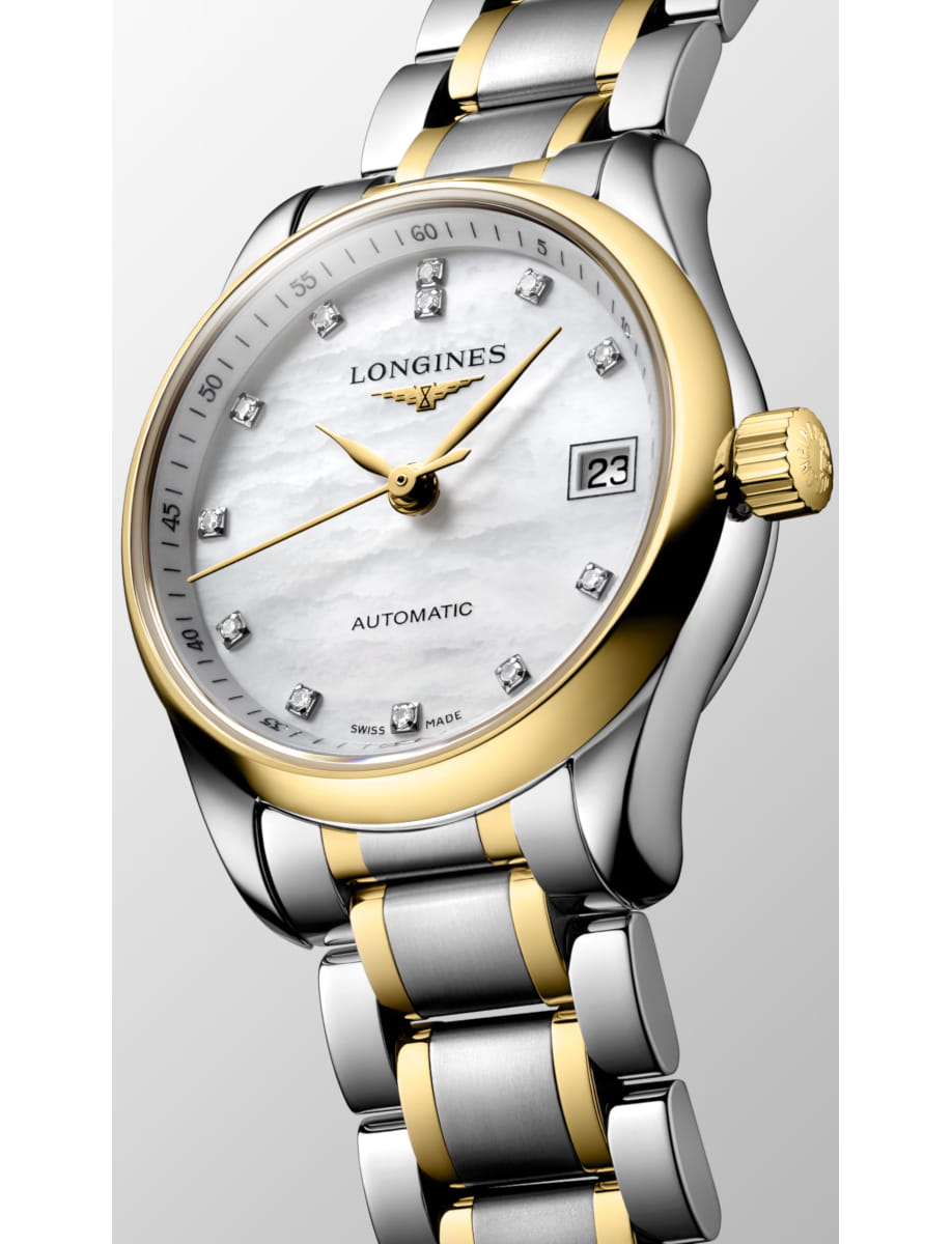 Longines automatic wristwatch with a gold and silver bracelet, diamond hour markers, and a date window at 3 o'clock.