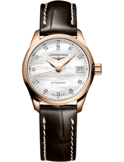 Longines wristwatch with rose gold case, white mother of pearl dial and alligator leather strap