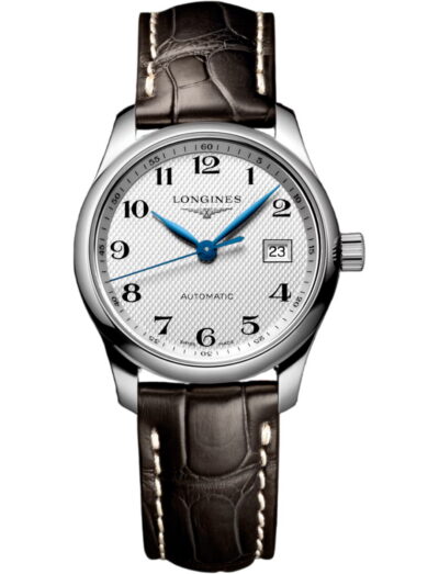 Longines wristwatch with stainless steel case, silver dial and alligator leather strap