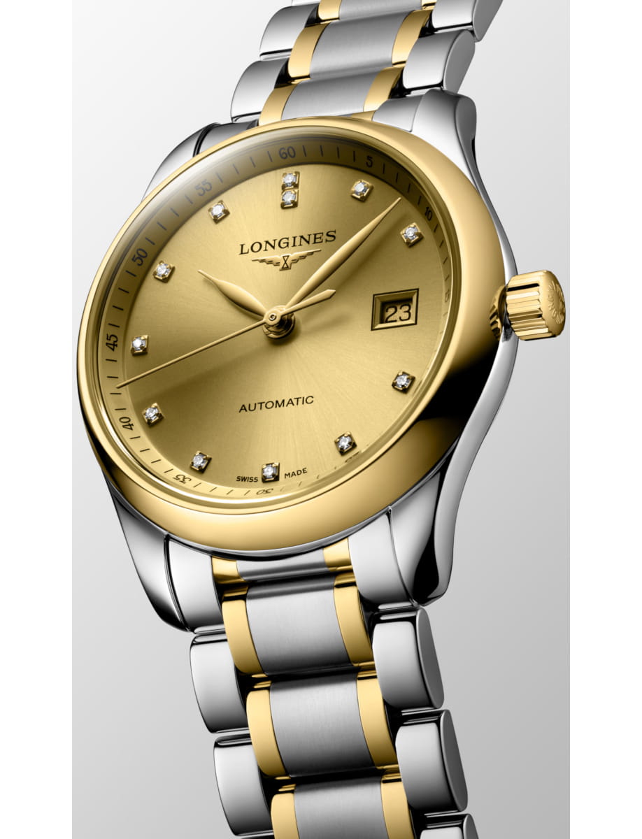 Two-tone Longines wristwatch with gold dial, diamond hour markers, and date window on the right side.