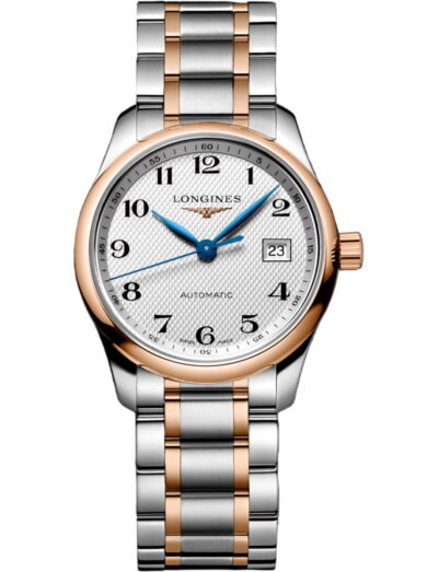 Longines wristwatch with stainless steel 18k rose gold case and bracelet and silver dial | Feldmar Watch Co. Longines wristwatch with stainless steel 18k rose gold case and bracelet and silver dial