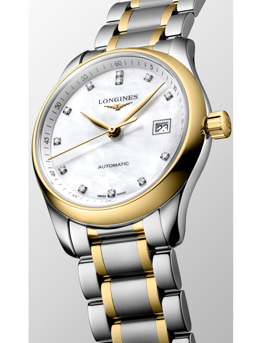 Longines two-tone stainless steel and gold wristwatch with diamond hour markers and date window on a white mother-of-pearl dial
