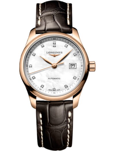 Longines wristwatch with 18k rose gold case, white mother of pearl dial and calfskin leather strap | Feldmar Watch Co. Longines wristwatch with 18k rose gold case, white mother of pearl dial and calfskin leather strap