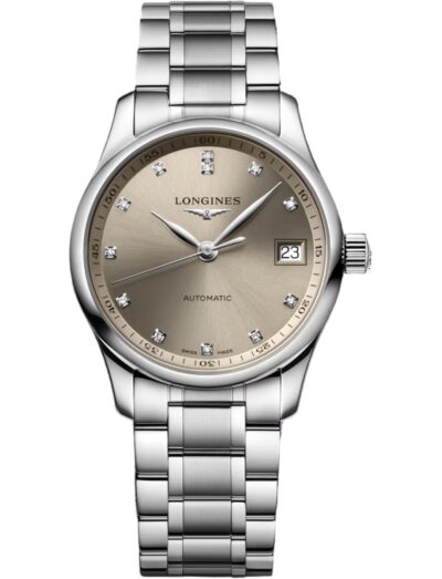 Longines automatic wristwatch with stainless steel bracelet, champagne dial, diamond hour markers, and date display at 3 o'clock.