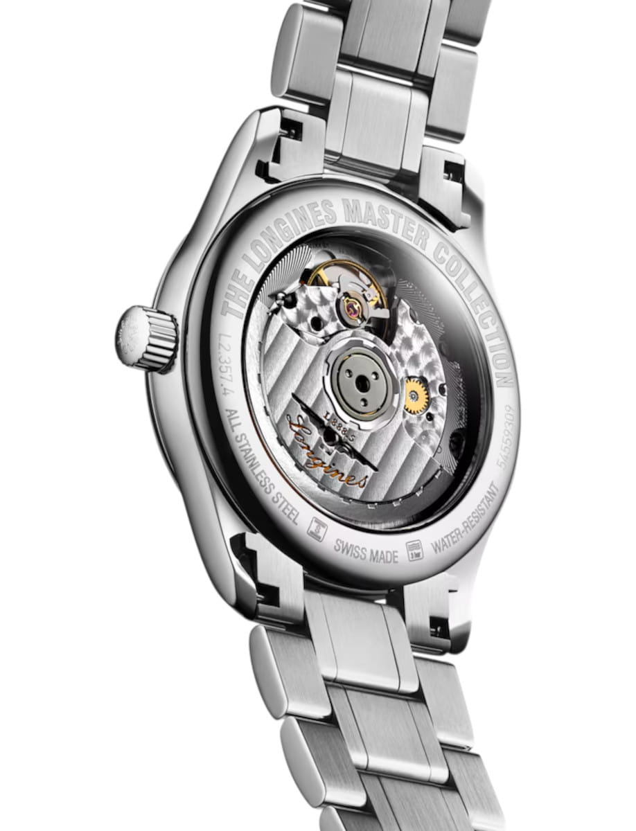 Stainless steel Longines Master Collection wristwatch, back view with visible automatic movement and engraved branding