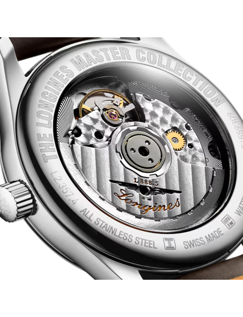 Back view of a Longines Master Collection watch, showing its automatic movement through a transparent case back.