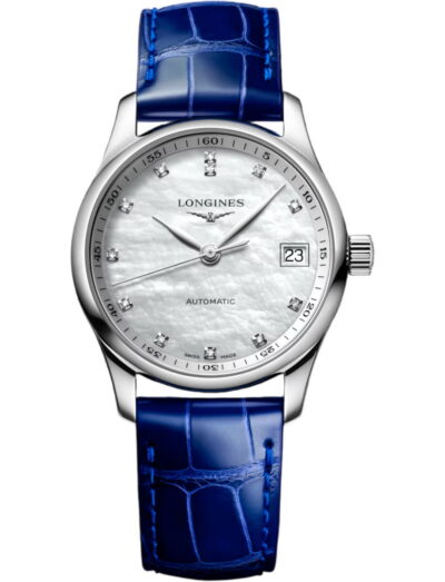 L23574870 | Feldmar Watch Co. Longines automatic wristwatch with a silver case, white mother-of-pearl dial, diamond hour markers, date window at 3, and a blue alligator-style strap.