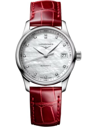 L23574872 | Feldmar Watch Co. Longines automatic wristwatch with a silver case, mother-of-pearl dial with diamond markers, date window, and a red alligator strap.