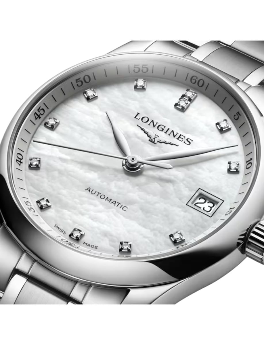 Longines automatic wristwatch with diamond hour markers and a date window at 3 o'clock.
