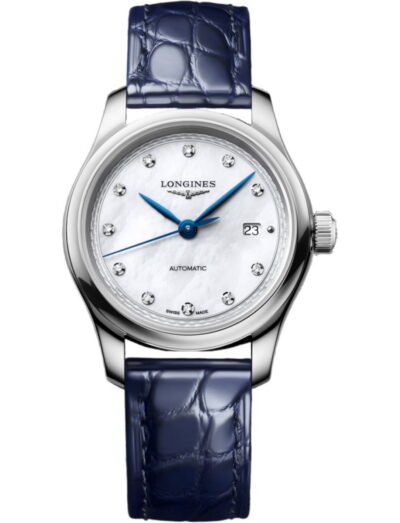 Longines automatic wristwatch with a white mother-of-pearl dial, diamond hour markers, blue hands, date window, and a blue leather strap.