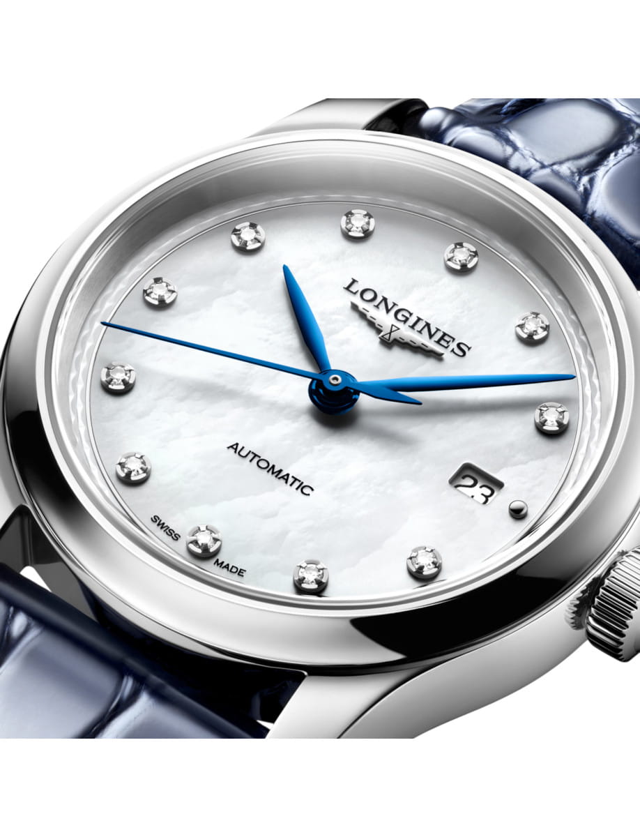 Close-up of a steel Longines automatic wristwatch with a mother-of-pearl dial and diamond hour markers.