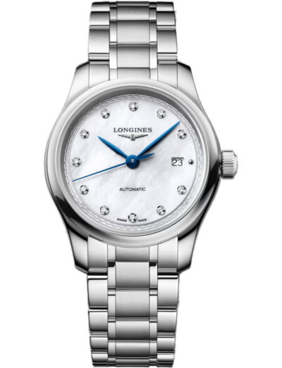 L24494876 | Feldmar Watch Co. Longines automatic wristwatch with a stainless steel bracelet, white mother-of-pearl dial, blue hands, diamond hour markers, and a date window at 3 o'clock.