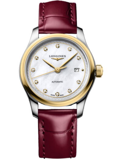 Longines women's wristwatch with diamond hour markers, white mother-of-pearl dial, yellow-gold bezel, and bordeaux leather strap (automatic).