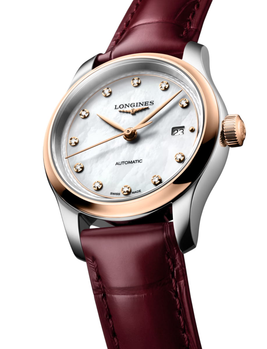 Longines automatic wristwatch with a mother-of-pearl dial, diamond hour markers, rose gold bezel, and bordeaux leather strap