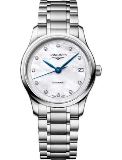 Steel Longines automatic wristwatch with blue hands and diamond hour markers, date window at 3 o'clock on a stainless bracelet. | Feldmar Watch Co. Steel Longines automatic wristwatch with blue hands and diamond hour markers, date window at 3 o'clock on a stainless bracelet.