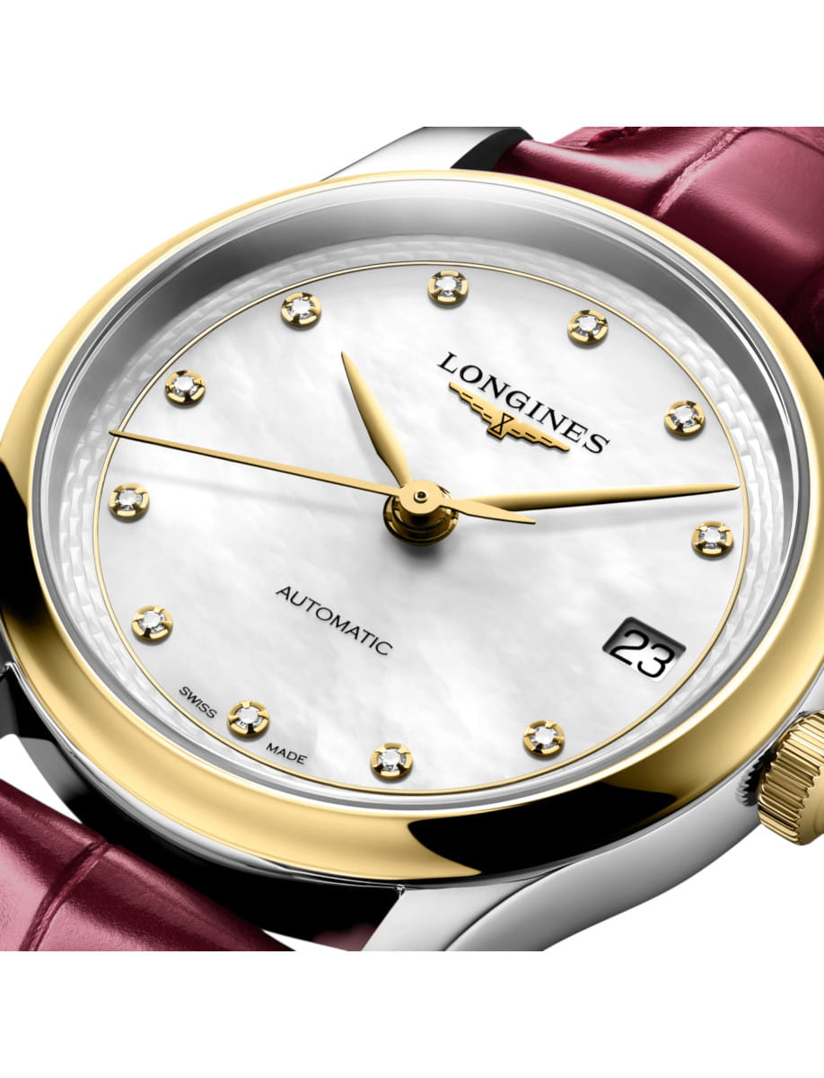 Longines automatic wristwatch with a yellow-gold bezel, mother-of-pearl dial, diamond hour markers, and bordeaux leather strap (date window at 3 o'clock).