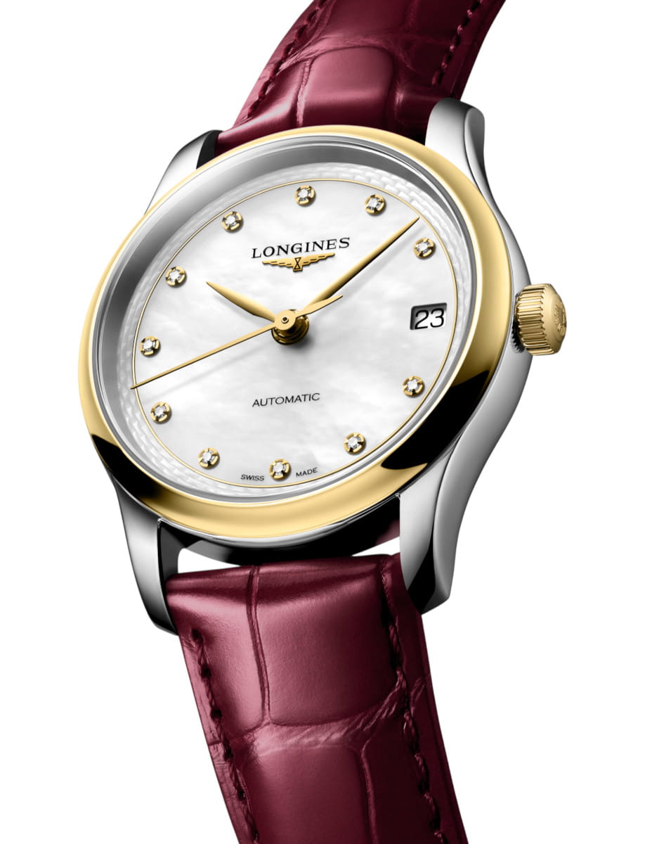 Side view of Longines automatic wristwatch with a yellow-gold bezel, mother-of-pearl dial, diamond hour markers, and bordeaux leather strap (date window at 3 o'clock).