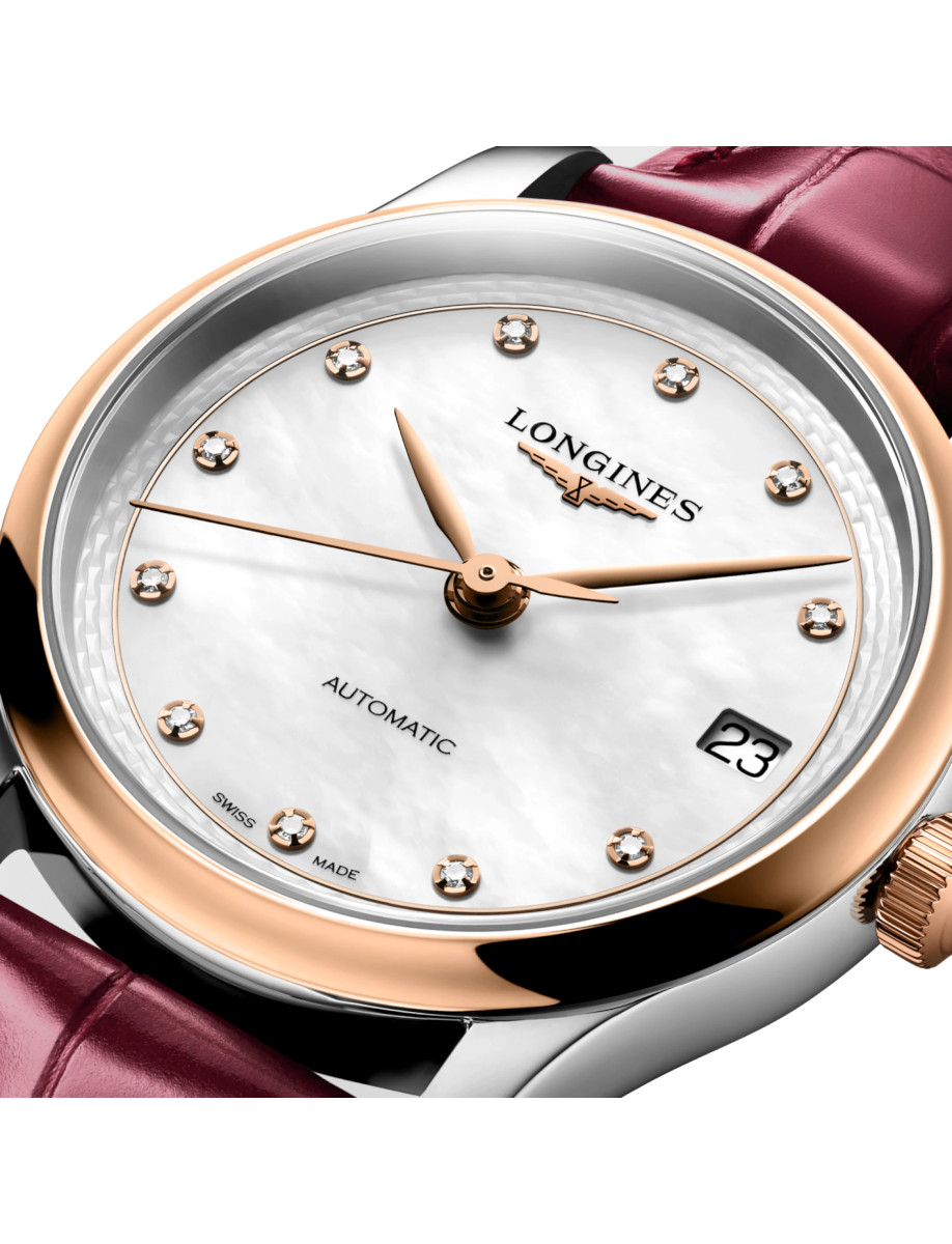 Longines automatic wristwatch with a rose-gold bezel, mother-of-pearl dial, diamond hour markers, and bordeaux leather strap (date window at 3 o'clock).