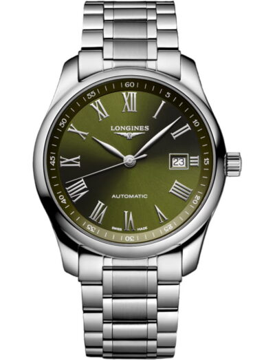Longines automatic wristwatch with a green dial, silver Roman numeral hour markers, and a date window at 3 o'clock in a stainless steel case and bracelet