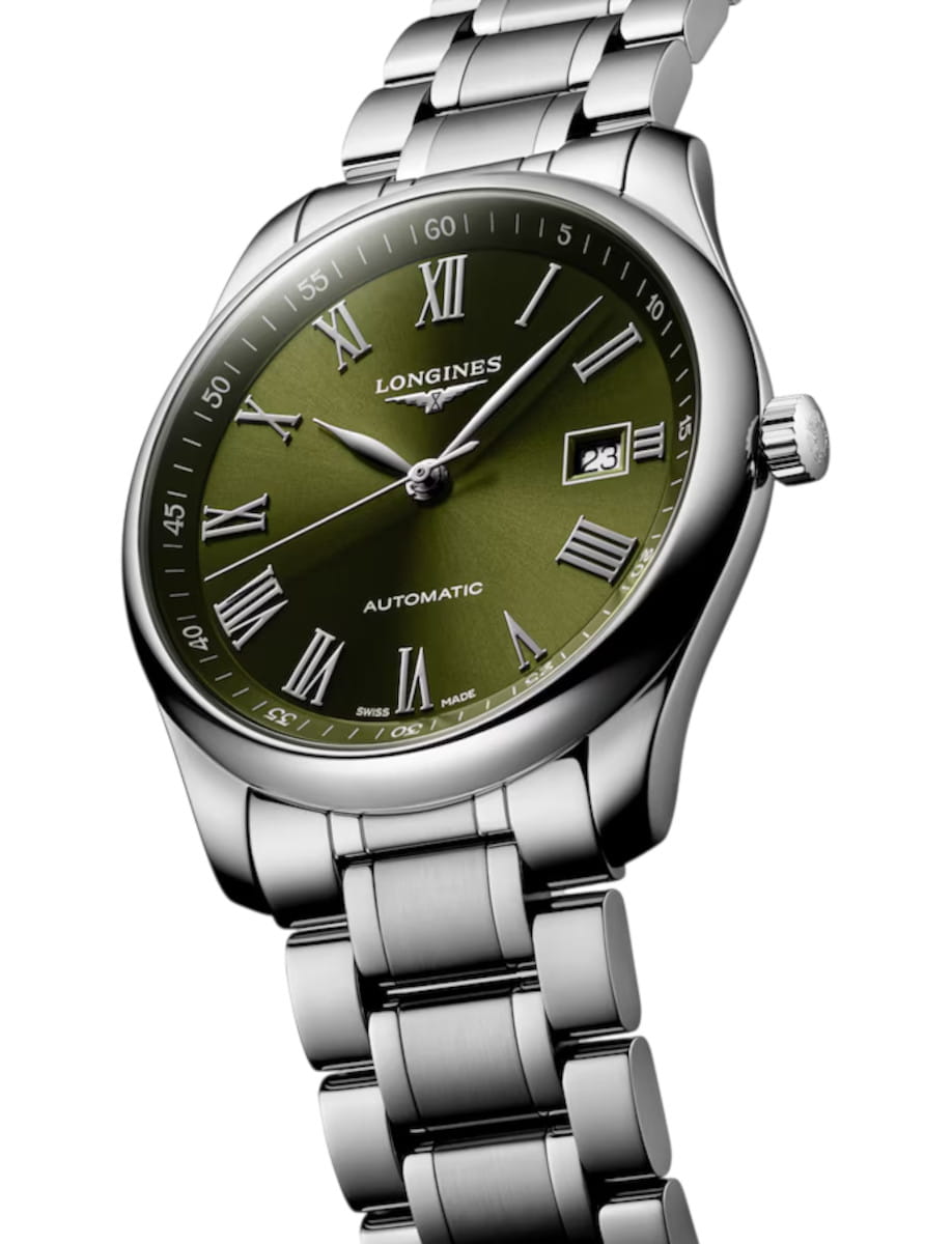 Stainless steel Longines wristwatch with a green dial, Roman numerals, date window, and linked bracelet (automatic).