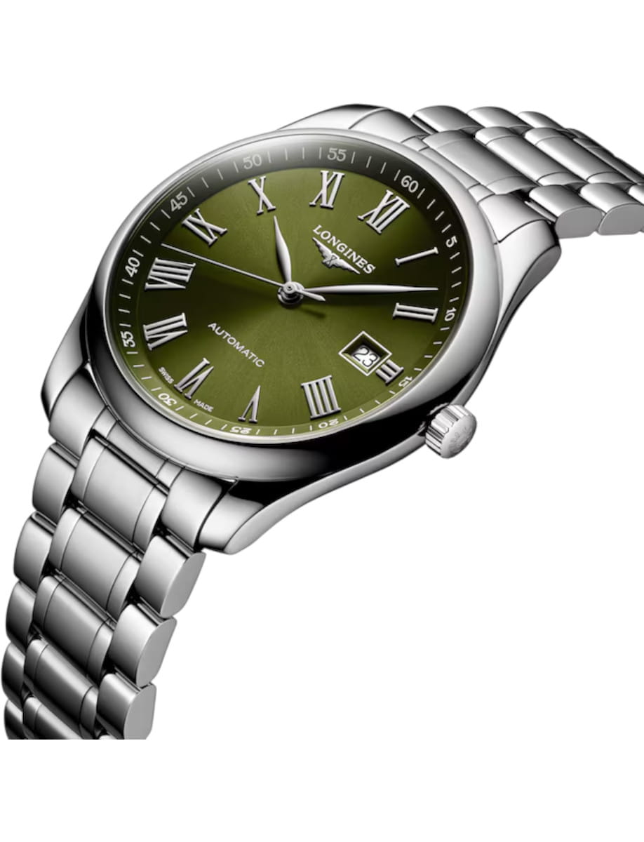 Silver wristwatch with a green dial, Roman numeral markers, and a metal link bracelet