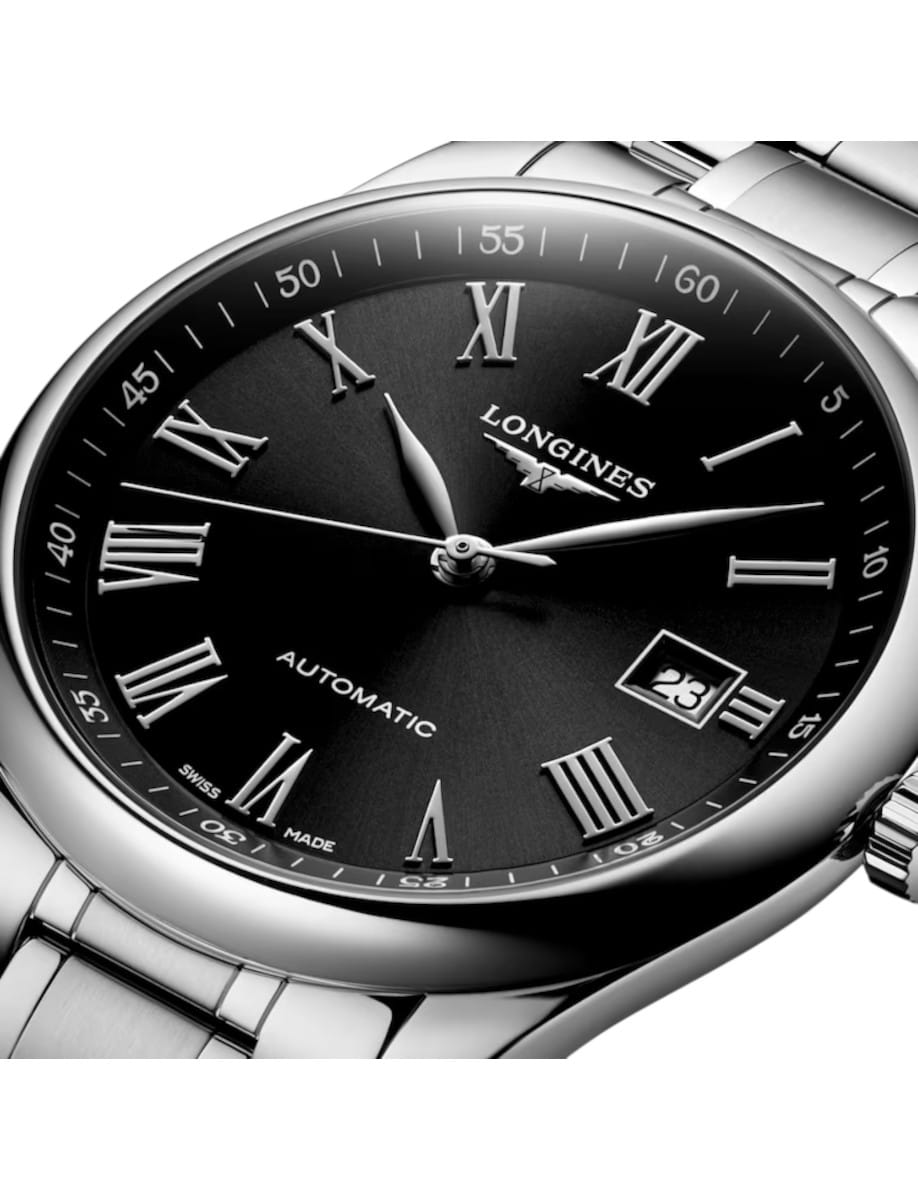 Longines automatic wristwatch with black dial, silver Roman numerals, and date window at 3 o'clock.